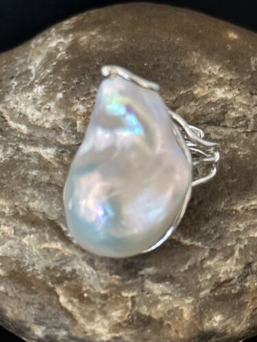 Native American Women's White Baroque Pearl Ring | Adjustable Sterling Silver | Sz 6 | 14264