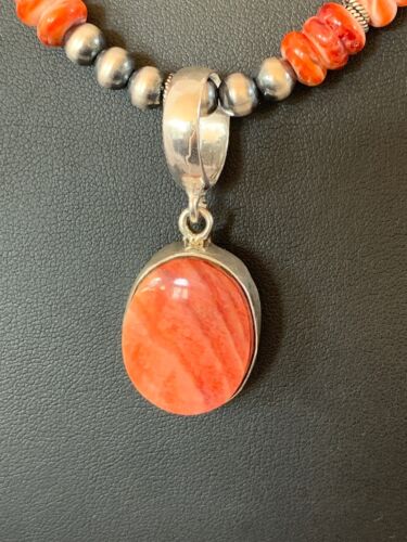 Navajo Red Spiny Oyster Pendant Necklace | Sterling Silver | Authentic Native American Handmade | 8820