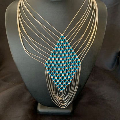 Turquoise Liquid Silver Heishi Necklace | 7 Strand Sterling Silver Tubes | 19" | 12628