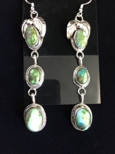 Navajo Green Sonoran Gold Turquoise 3Dangle Earrings | Sterling Silver | Authentic Native American Handmade | 1791