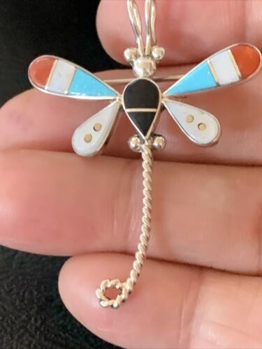 Zuni Turquoise White Mother of Pearl Inlay Dragonfly Necklace Pin Pendant | Sterling Silver | 12326