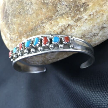 Navajo Children's Blue Turquoise Coral Cuff Bracelet | Sterling Silver | 4" | 10248