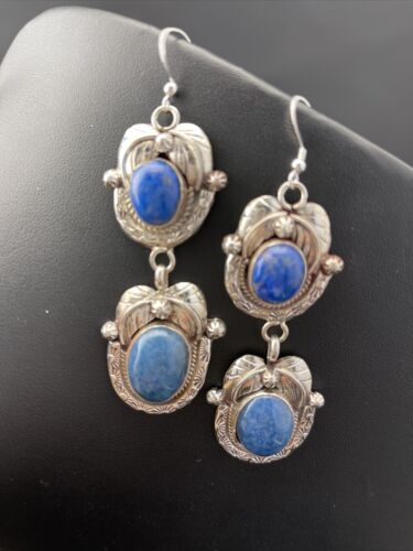 Southwestern Navajo Denim Lapis Dangle Earrings | Sterling Silver | 2" | 01798