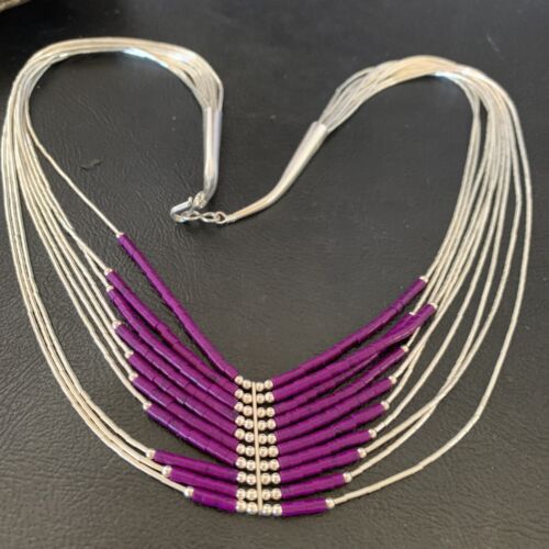 Sugilite Liquid Silver Heishi Necklace | 10 Strand | Sterling Tubes Pendant | 12299