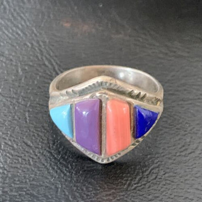 Navajo Multi-Color Turquoise Sugilite Coral Lapis Inlay Ring | Sterling Silver | Sz 9 | 12396