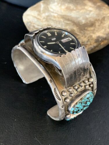 Navajo Sterling Silver Bracelet with Blue Kingman Turquoise | Men's Automatic Seiko Watch Cuff | Authentic Native American Jewelry | 12168