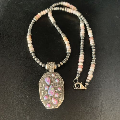 Navajo Pink Opal Beads Necklace with Multi-Stone Mother of Pearl Pendant | Sterling Silver | 13442