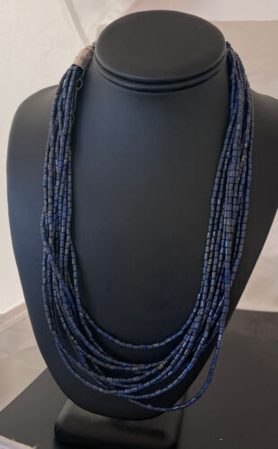 Navajo Sterling Silver 10-Strand Lapis Necklace | Authentic Native American Handmade | 01095