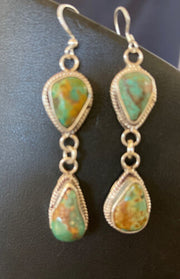 Native American Green Royston Turquoise Dangle Earrings | Navajo Handmade Sterling Silver | 1585
