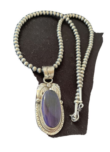 Native American Men's Navajo Pearls Necklace | Sterling Silver Sugilite Pendant | 01529