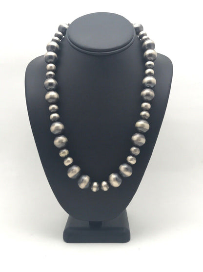 Navajo Pearls Graduated Sterling Silver Bead Necklace | Single Strand | Southwestern Native American | 20"
