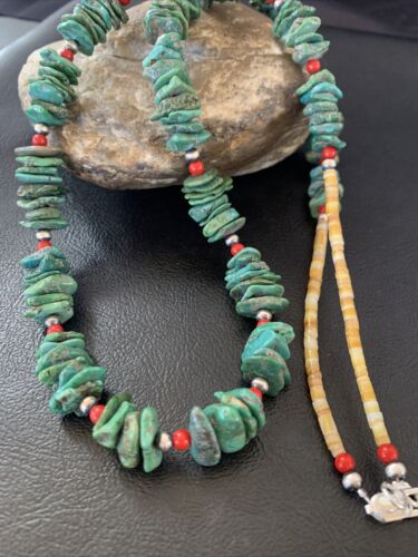 Navajo Green Turquoise Coral Shell Necklace | Sterling Silver | 28" | Authentic Native American Handmade | 11710
