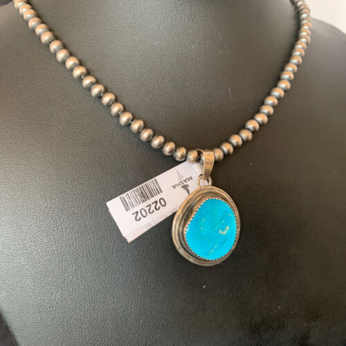 Men's Navajo Pearls Necklace with Blue Kingman Turquoise Pendant | Sterling Silver | Native American Handmade | 2202