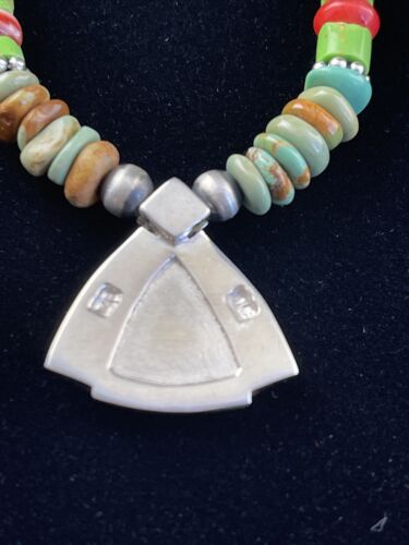 Navajo Turquoise & Spiny Oyster Inlay Pendant Necklace | Sterling Silver | Authentic Native American Handmade | 01622