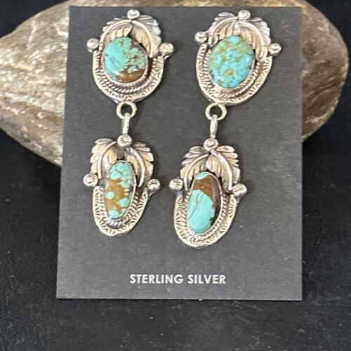 Navajo Blue #8 Turquoise Dangle Earrings | Sterling Silver | Authentic Native American Handmade | 14339 - Masha USA