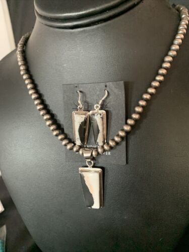 Navajo White Buffalo Turquoise Pendant | Sterling Silver Dangle Earrings | Authentic Native American Handmade | 14100