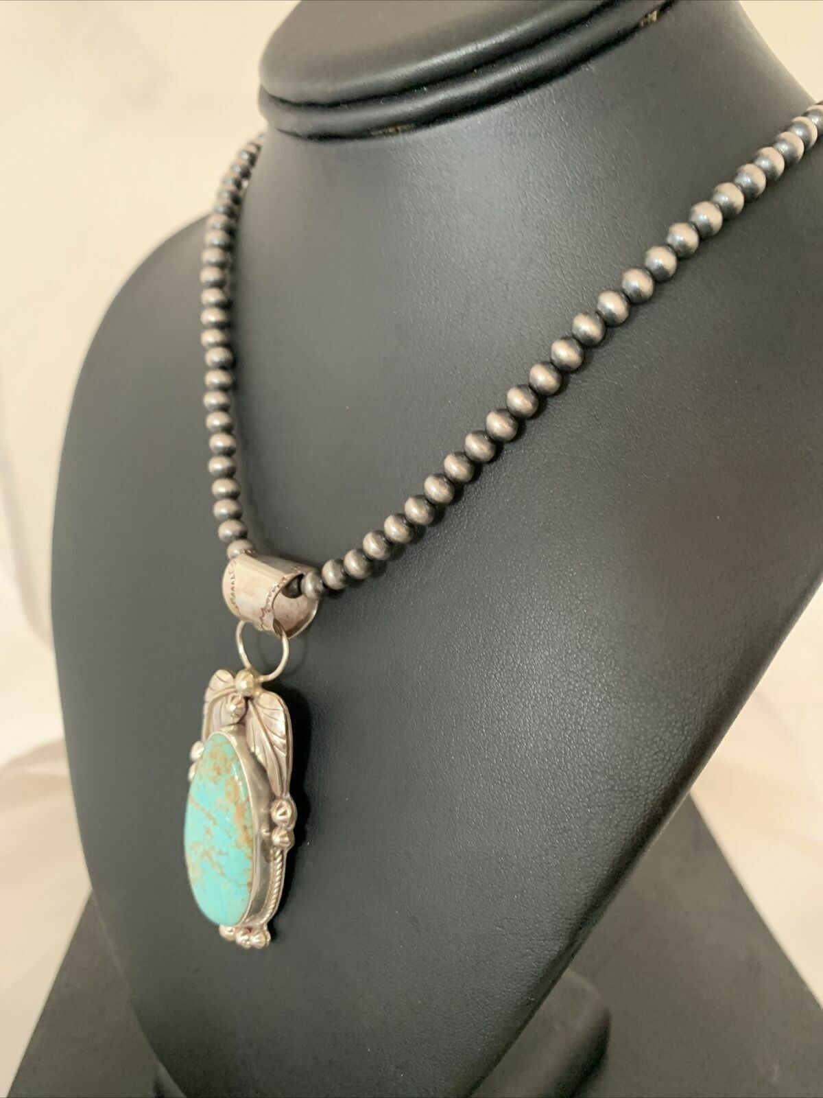 Men's Navajo Pearls Necklace Pendant | Sterling Silver | Blue Turquoise #8 | Authentic Native American | 906