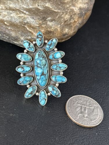 Navajo Blue Turquoise Cluster Ring | Authentic Native American Sterling Silver | Multi-Stone | Sz 6.5 | 14227