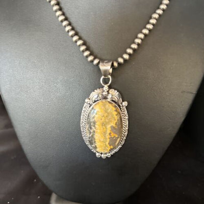Navajo Bumblebee Jasper Pendant Necklace | Sterling Silver | Authentic Native American Handmade | 14247