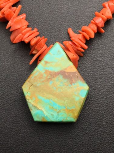 Native American Turquoise Coral Pendant Necklace | Brass Old Pawn | 19" | 4002