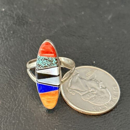 Navajo Sterling Silver Multi-Color Red Spiny Oyster Lapis Inlay Ring Sz 6 | Handmade | 14725