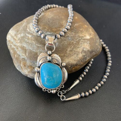 Men's Navajo Pearls Necklace with Blue Kingman Turquoise Pendant | Sterling Silver | Native American Handmade | 12593