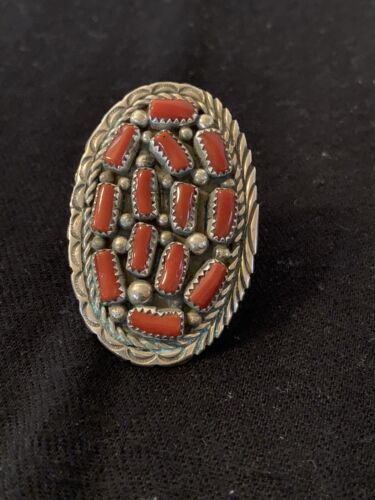 Navajo Red Coral Cluster Ring | Authentic Native American Sterling Silver | Multi-Stone | Sz 6.5 | 02220
