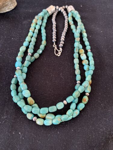 Navajo Royston Turquoise Necklace | 3 Strand | Sterling Silver | Authentic Native American Handmade | 494