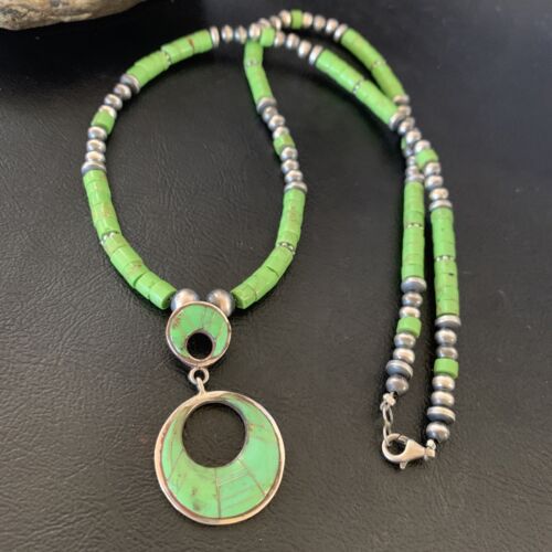 Navajo Green Gaspeite Turquoise Inlay Pendant | Sterling Silver | Authentic Native American Handmade | 12285