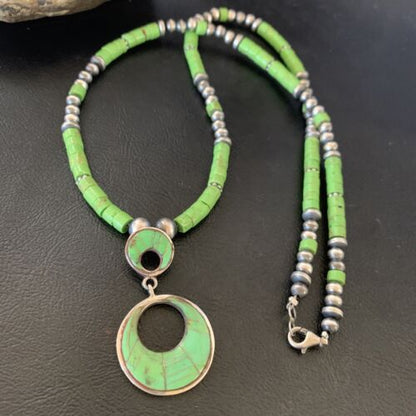 Navajo Green Gaspeite Turquoise Inlay Pendant | Sterling Silver | Authentic Native American Handmade | 12285