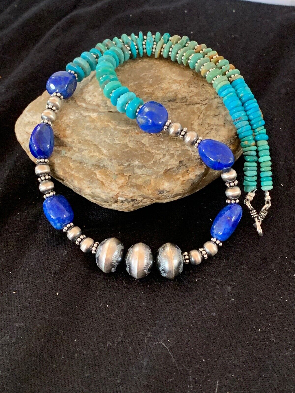 Navajo Lapis & Turquoise Beads Necklace | Sterling Silver | Authentic Native American Handmade | 20" | 4696