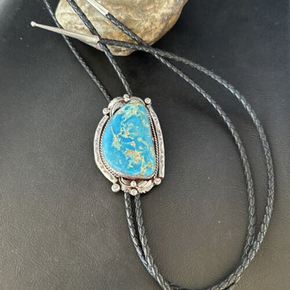 Navajo Blue Kingman Turquoise Bolo Tie | Sterling Silver | Authentic Native American Handmade | 14253