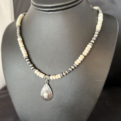 Navajo White Buffalo Turquoise Pendant Necklace | Sterling Silver | Authentic Native American Handmade | 14613