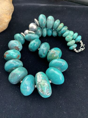Men's Navajo Pearl Sterling Silver Necklace | Graduated Blue Chunky Turquoise | Authentic Native American | 24" | 01744