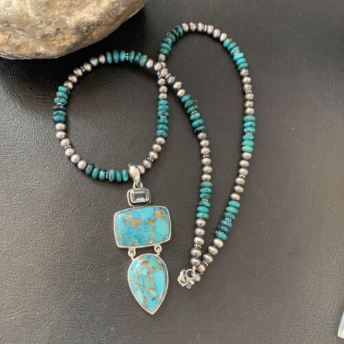 Navajo Pearls Sterling Silver Necklace with Blue Mojave AZ Turquoise Pendant | Multi-Stone | 11819