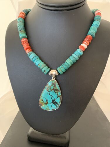 Navajo Pearls Spiderweb Spiny Oyster Turquoise Sterling Silver Necklace Pendant | Authentic Native American Handmade | 20"