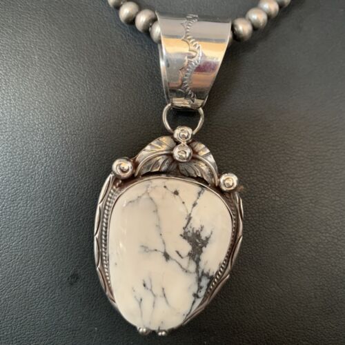 White Buffalo Turquoise Pendant Necklace | Sterling Silver | Navajo | Authentic Native American Handmade | 13992 - Masha USA