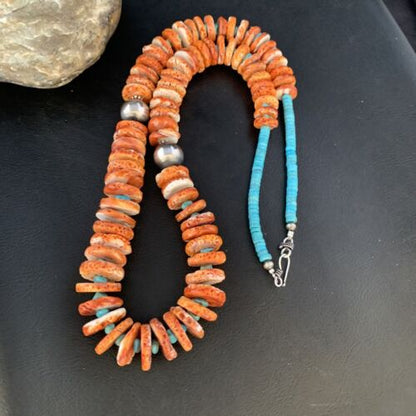 Orange Spiny Oyster & Blue Turquoise Graduated Necklace | Sterling Silver | Authentic Native American | 28" | 13713