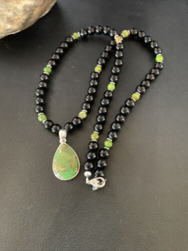 Navajo Pearls Onyx Mojave Turquoise Pendant Necklace | Sterling Silver | Authentic Native American Handmade | 13251