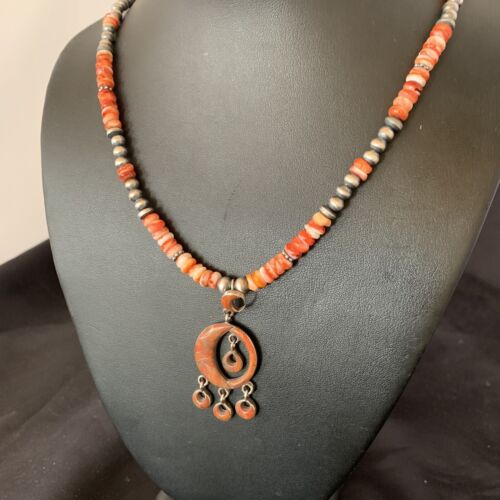 Navajo Pearl Necklace with Red Apple Coral & Spiny Oyster Pendant | Sterling Silver Inlay | 12371