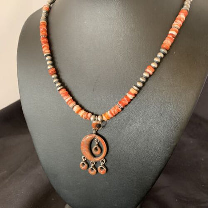 Navajo Pearl Necklace with Red Apple Coral & Spiny Oyster Pendant | Sterling Silver Inlay | 12371