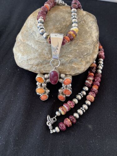 Navajo Purple Spiny Oyster Necklace Naja Pendant Set | Sterling Silver | Authentic Native American Handmade | 244