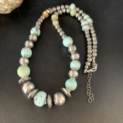 Dry Creek Turquoise Navajo Pearls Beaded Necklace | Sterling Silver | 25" | Authentic Native American Handmade | 14103 - Masha USA