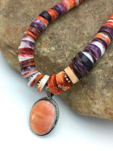 Navajo Orange Spiny Oyster Pendant Necklace Set | Sterling Silver | Authentic Native American Handmade | 2772