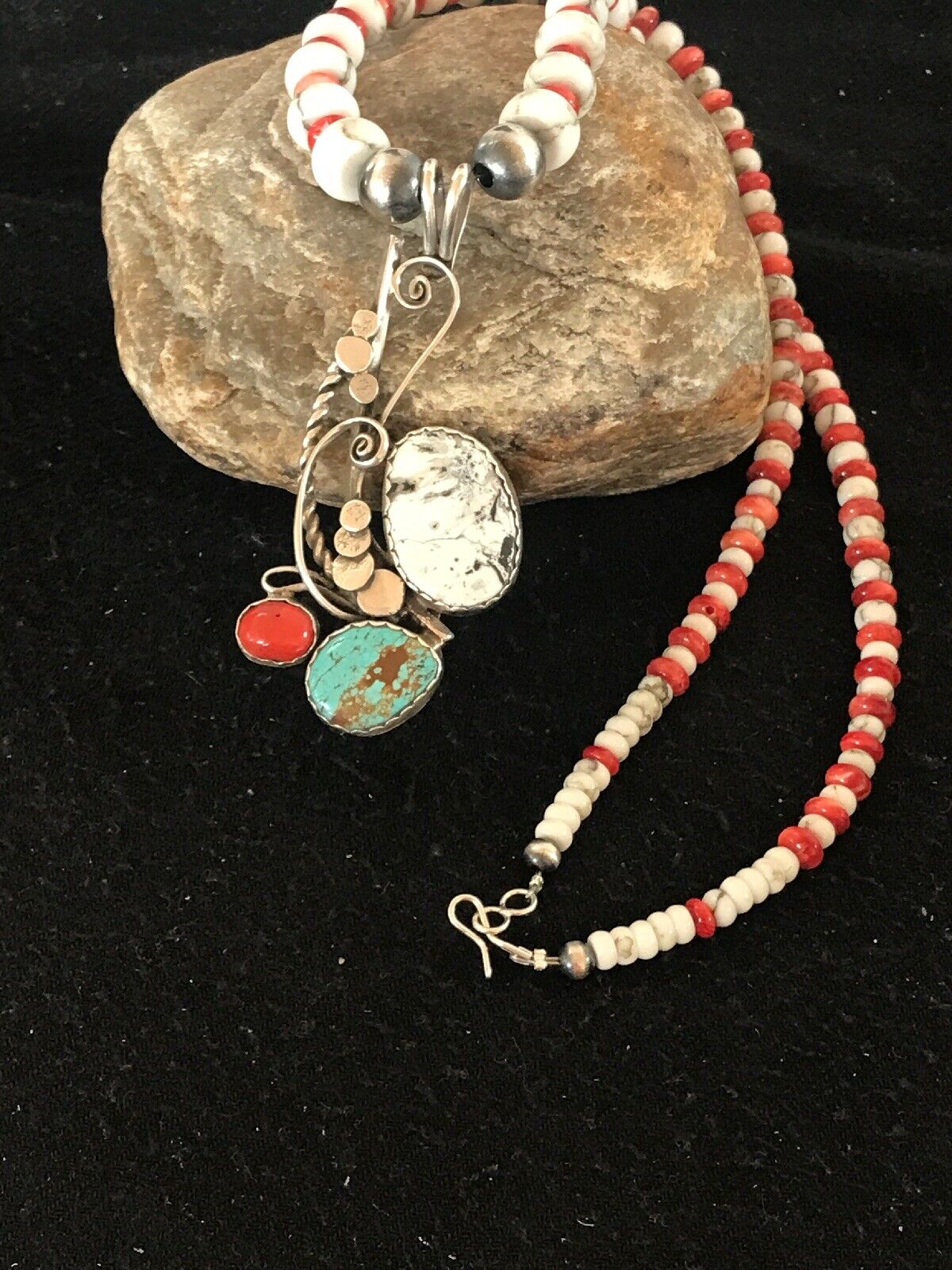 Navajo Blue Turquoise & Spiny Oyster Multi-Stone Pendant Necklace | Authentic Native American Sterling Silver | Multi-Stone | 8644