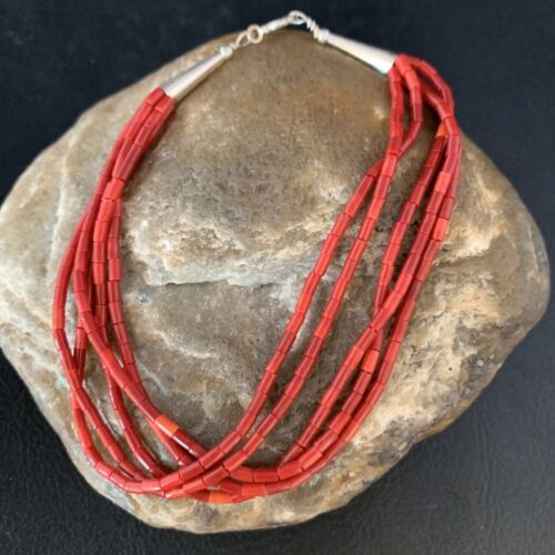 Handmade Liquid Silver 5-Strand Red Apple Coral Heishi Bracelet | Sterling Silver | 7.5" | 13610