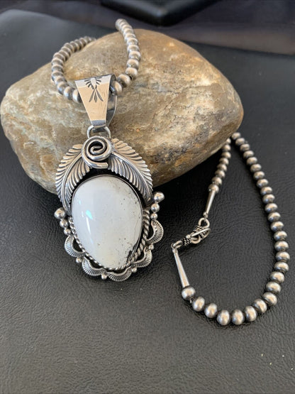 Navajo Pearls | Sterling Silver White Buffalo Turquoise Necklace Pendant 10943