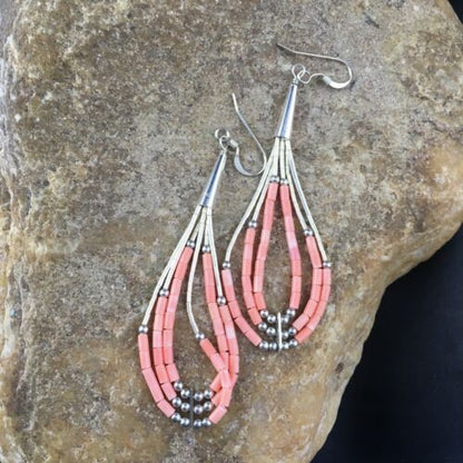 Handmade Liquid Silver Tube Bead Heishi Dangle Earrings | Pink Coral | Sterling Silver | 2.25" | 2025