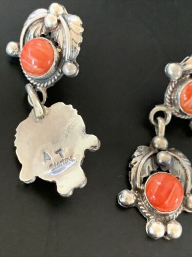 Navajo Red Spiny Oyster Dangle Earrings | Sterling Silver | Authentic Native American Handmade | 2060