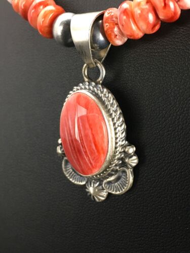 Navajo Red Spiny Oyster Pendant Necklace | Sterling Silver | Authentic Native American Handmade | 2690